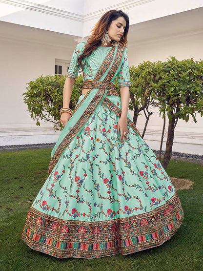 Myra Pista Green Silk Heavy Embroidered Lehenga