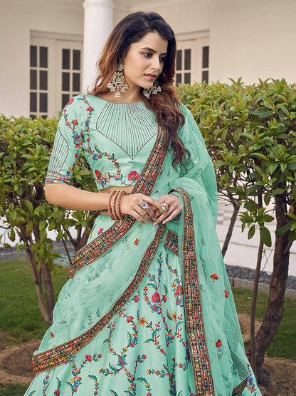 Myra Pista Green Silk Heavy Embroidered Lehenga