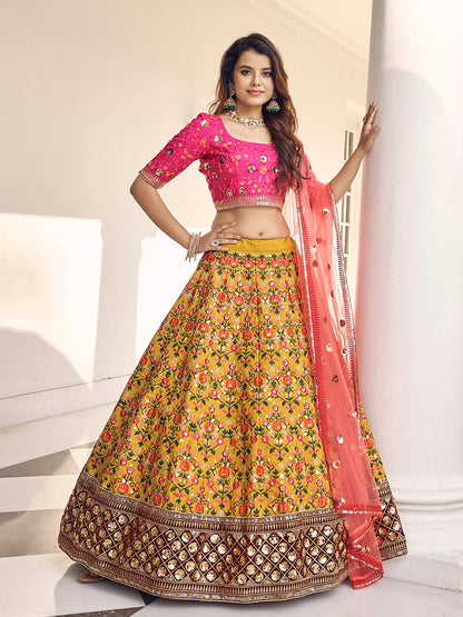 Myra Mustard Yellow and Rani Pink Art Silk Heavy Embroidered Lehenga