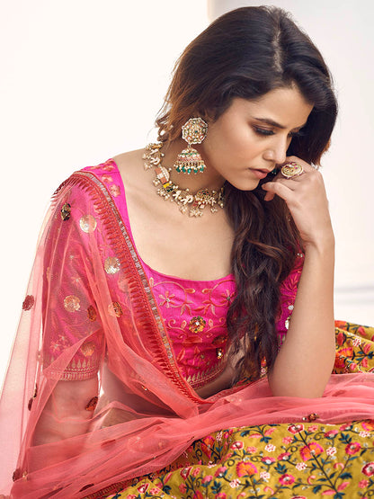 Myra Mustard Yellow and Rani Pink Art Silk Heavy Embroidered Lehenga