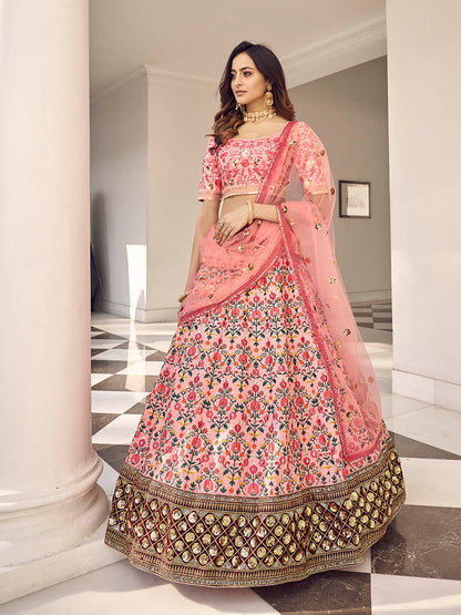 Myra Pink Art Silk Heavy Embroidered Lehenga