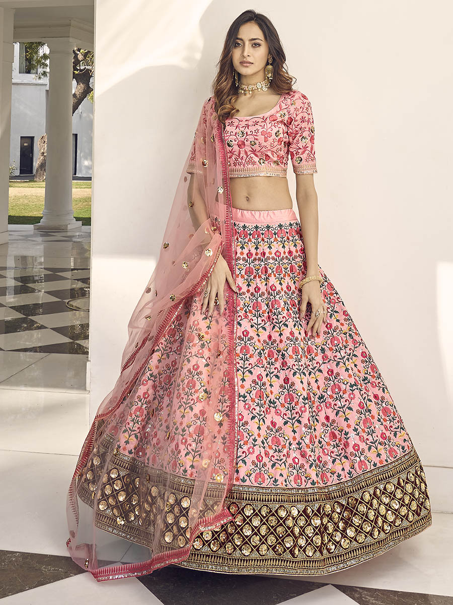 Myra Pink Art Silk Heavy Embroidered Lehenga