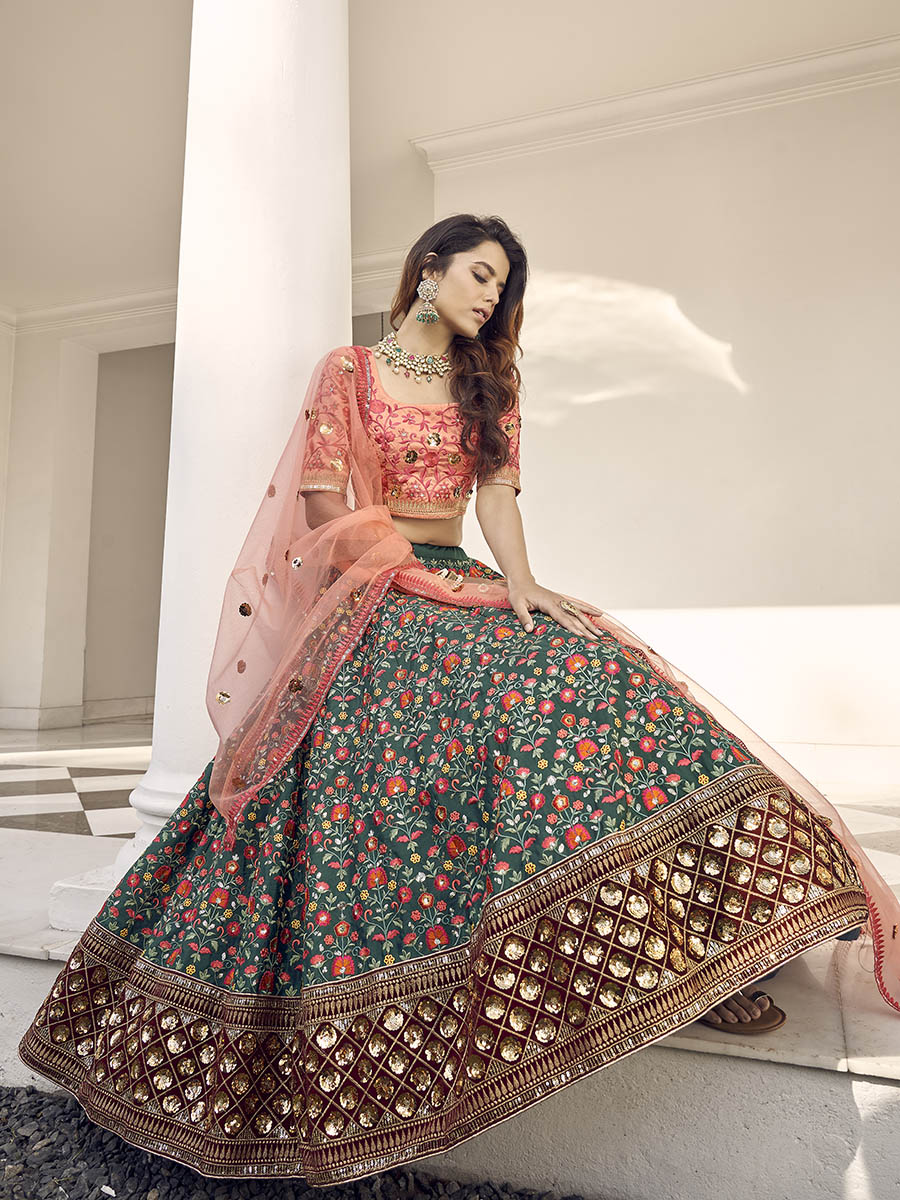 Myra Orange and Green Silk Heavy Embroidered Lehenga