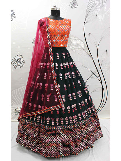 Myra Green and Deep Pink Georgette Embroidered Designer Lehenga