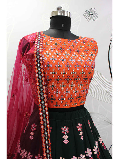 Myra Green and Deep Pink Georgette Embroidered Designer Lehenga