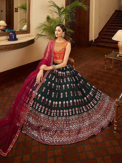 Myra Green and Deep Pink Georgette Embroidered Designer Lehenga