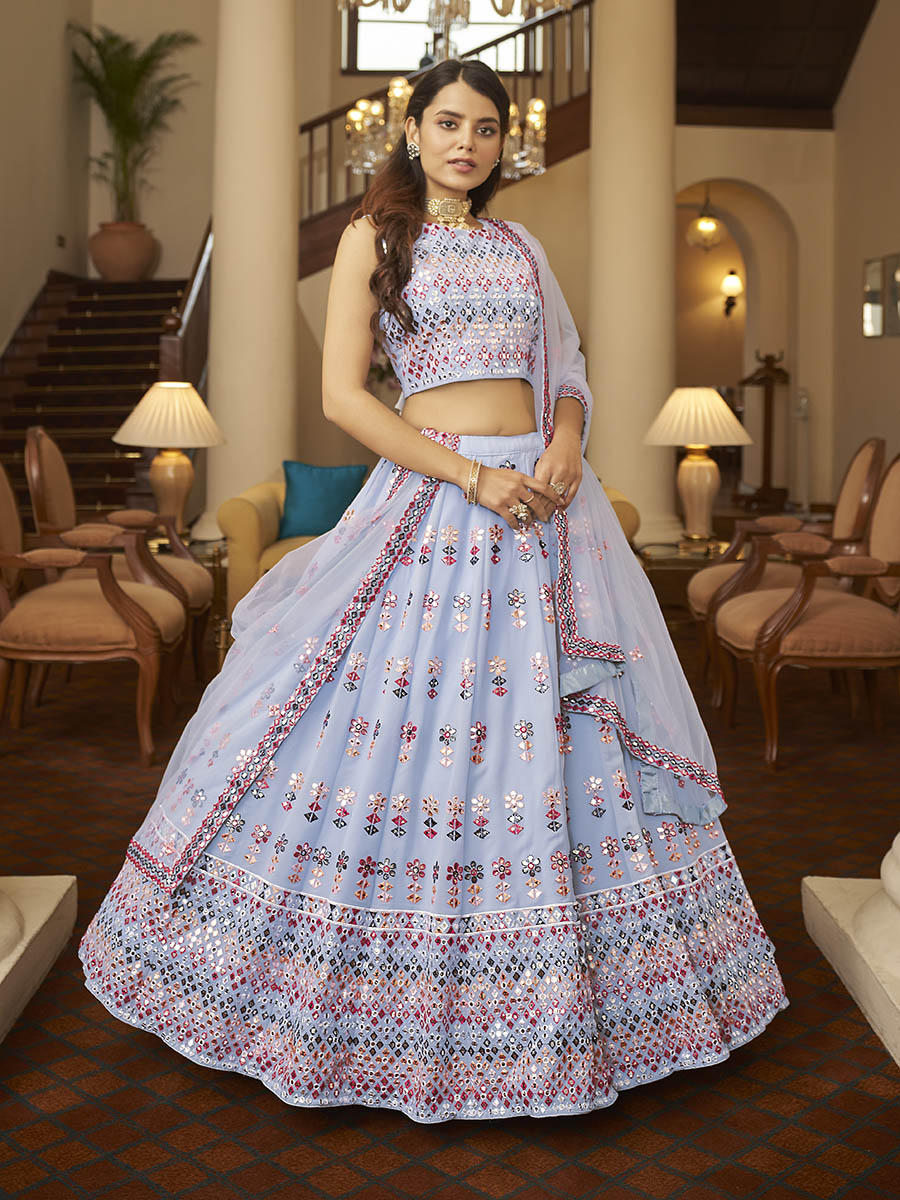 Myra Sky Blue Georgette Embroidered Designer Lehenga