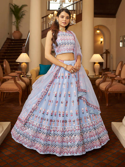 Myra Sky Blue Georgette Embroidered Designer Lehenga
