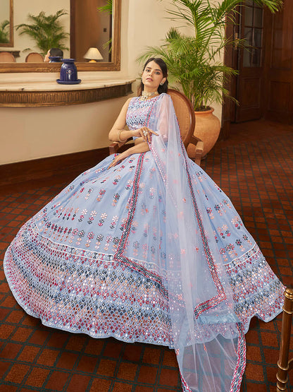 Myra Sky Blue Georgette Embroidered Designer Lehenga