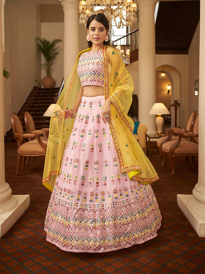 Myra Pink and Yellow Georgette Embroidered Designer Lehenga