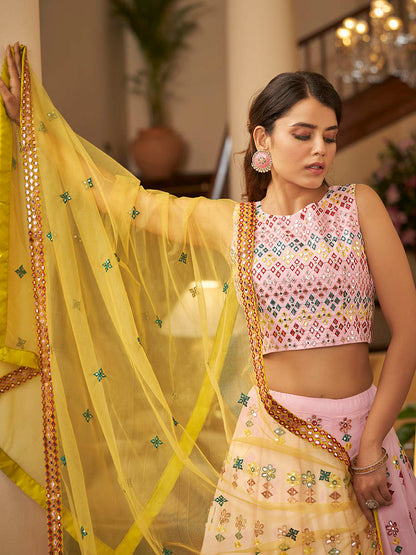 Myra Pink and Yellow Georgette Embroidered Designer Lehenga