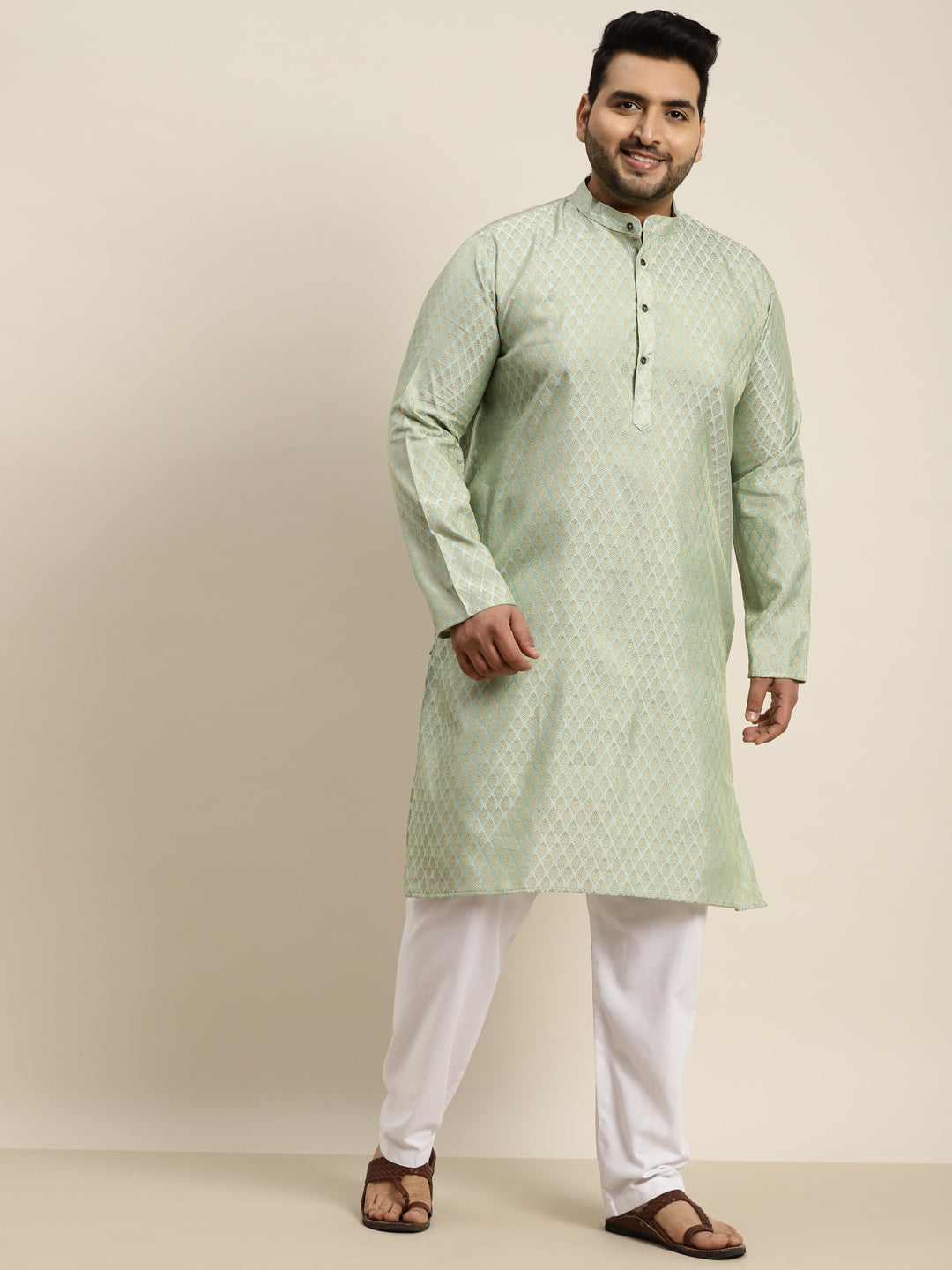 Sojanya Plus Men Green Jacquard Self Design Kurta with Pyjamas
