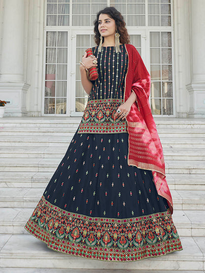 Myra Navy Blue - Pink Embroidered Designer Lehenga