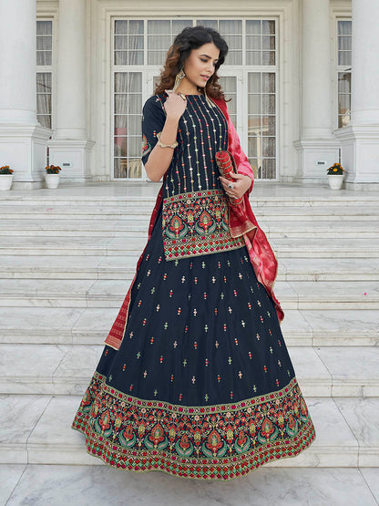 Myra Navy Blue - Pink Embroidered Designer Lehenga