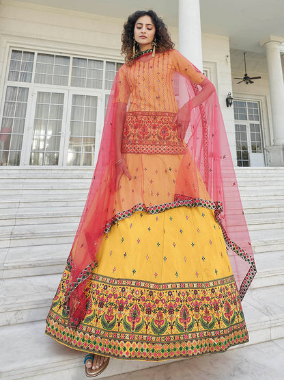 Myra Yellow - Deep Pink Embroidered Designer Lehenga