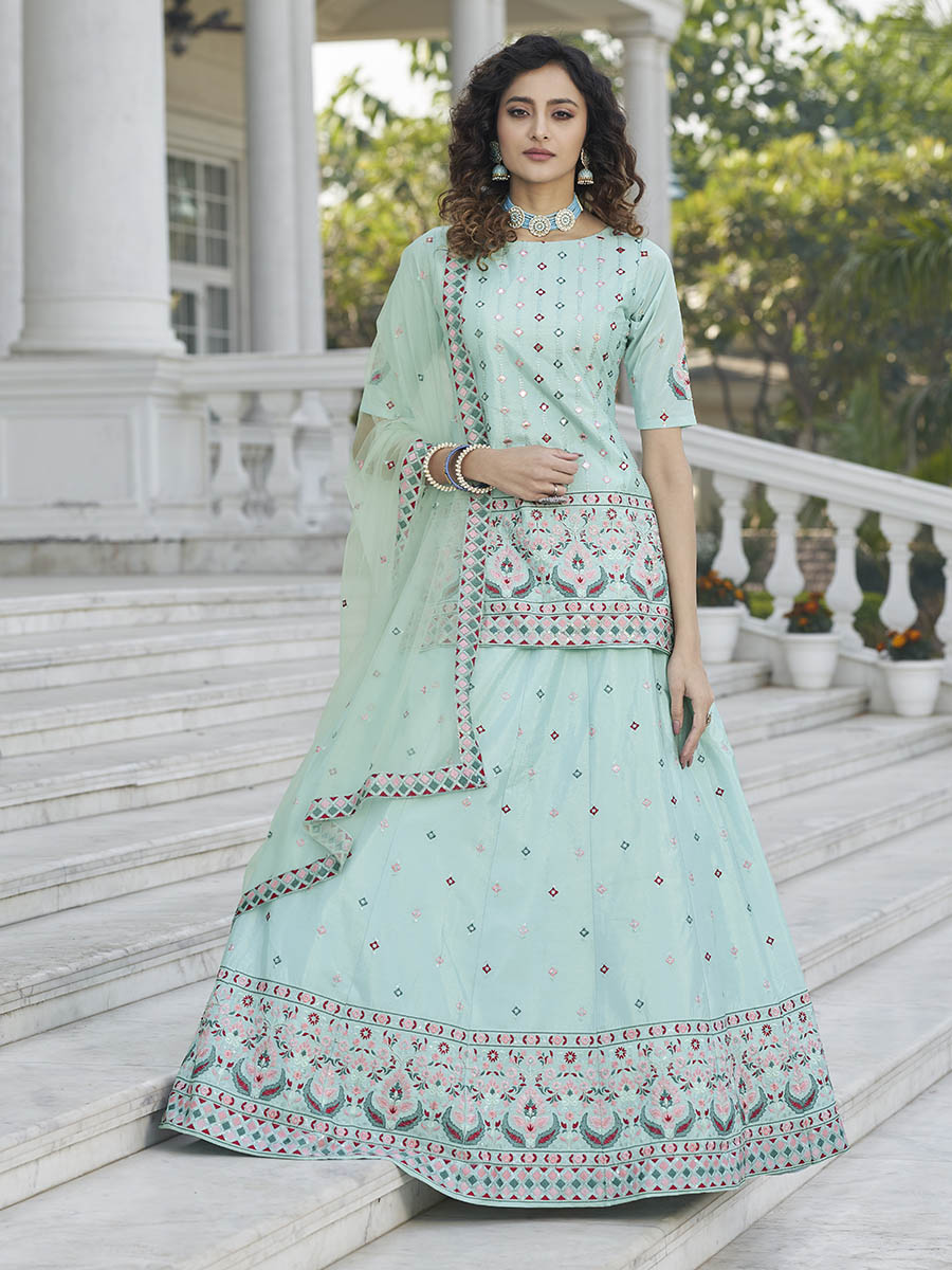 Myra Sky Blue Embroidered Designer Lehenga