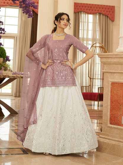 Myra Pearl White and Dusty Pink Embroidered Designer Lehenga