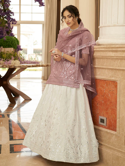Myra Pearl White and Dusty Pink Embroidered Designer Lehenga