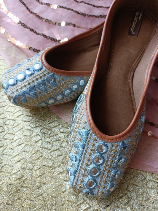 Desi Colour Women Indian Ethnic Footwear-Mini Dabka-Grey Mirror Lines