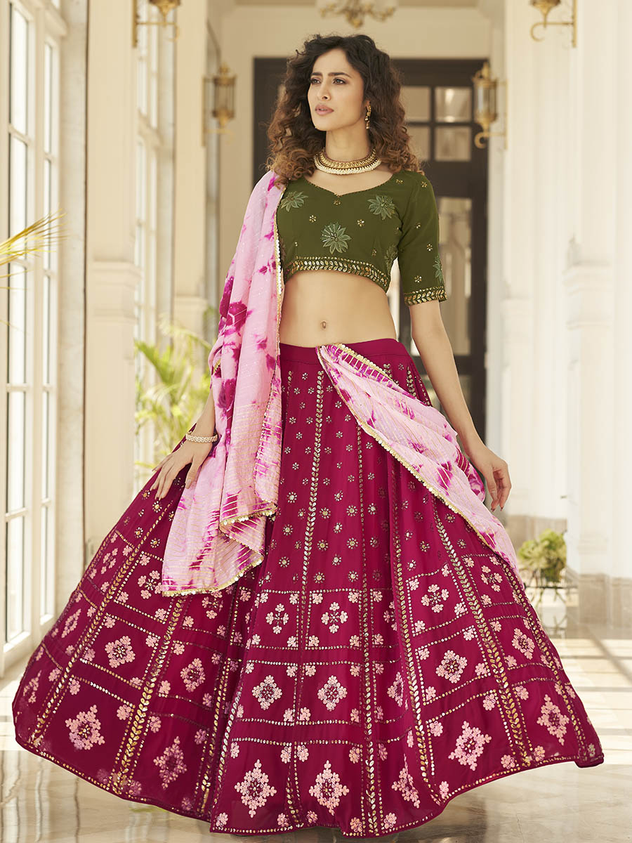 Myra Deep Pink & Olive Green Pink Georgette Embroidered Designer Lehenga