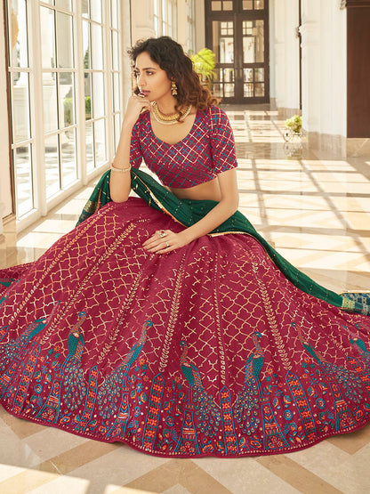 Myra Deep Pink & Green Georgette Embroidered Designer Lehenga