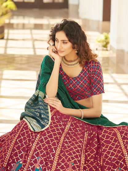 Myra Deep Pink & Green Georgette Embroidered Designer Lehenga