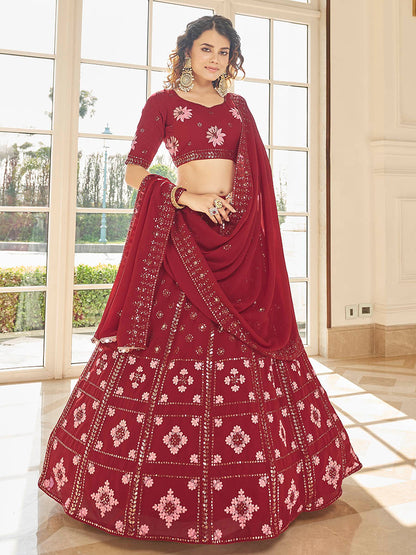 Myra Red Georgette Embroidered Designer Lehenga