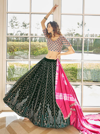 Myra Green & Pink Georgette Embroidered Designer Lehenga