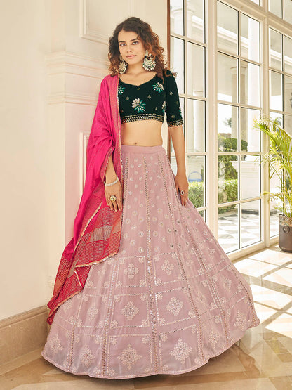 Myra Dusty Pink & Green Georgette Embroidered Designer Lehenga
