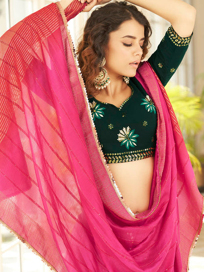Myra Dusty Pink & Green Georgette Embroidered Designer Lehenga