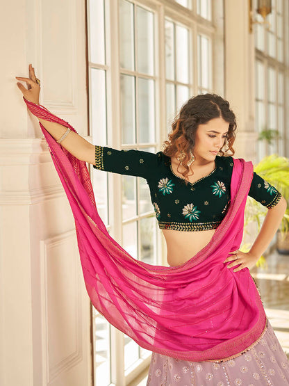 Myra Dusty Pink & Green Georgette Embroidered Designer Lehenga