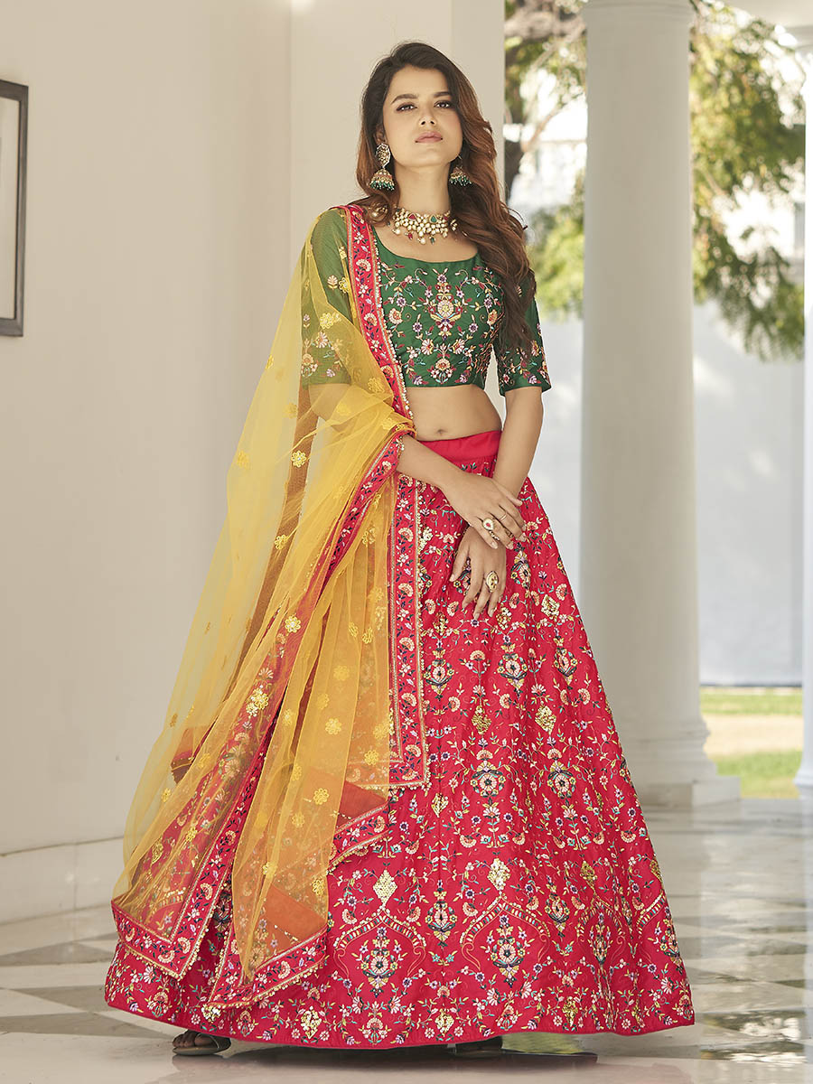 Myra Green and Yellow Heavy Embroidered Designer Lehenga
