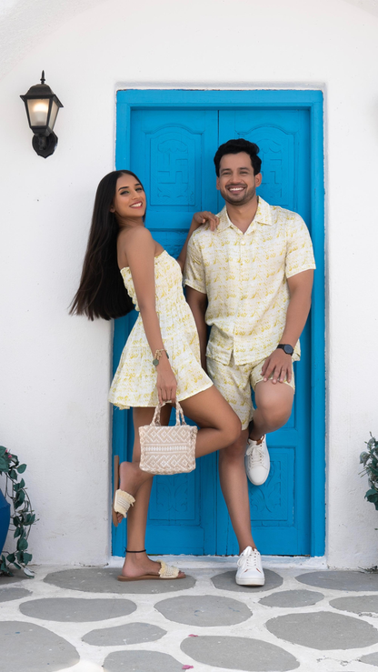 Noroke Cotton Satin White Chartreuse Couple Co-ord Set