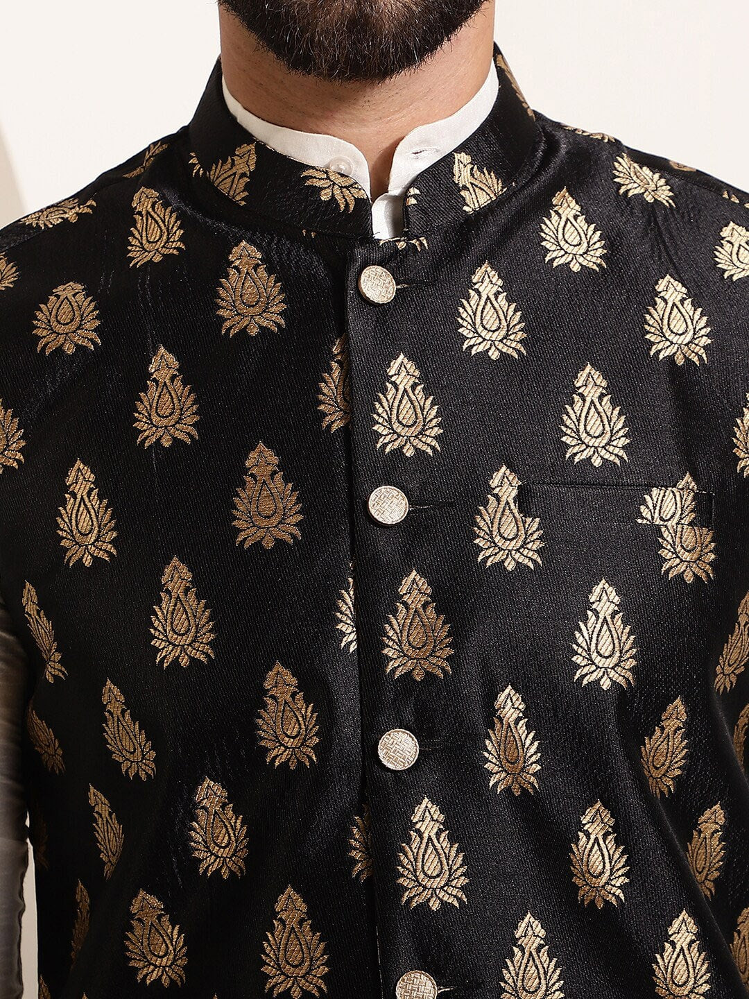 Sojanya Band Collar Straight Kurta & Churidar with Nehru jacket