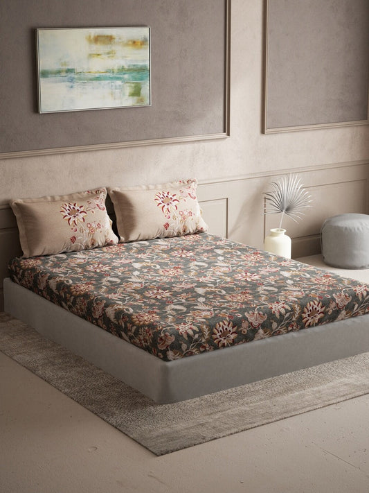 DDecor Grey & Maroon Ethnic Motifs 140 TC Cotton Queen Bedsheet with 2 Pillow Covers