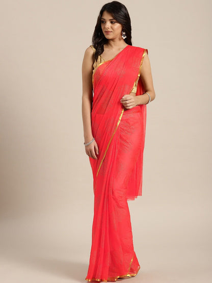 Saree Mall Peach-Coloured & Gold-Toned Zari Sarees