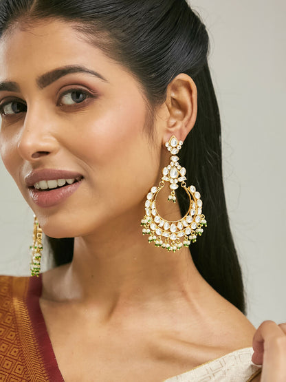 Nuyug 22K Gold-Plated Elegant Kundan Studded & Beaded Floral Chandbali Earrings