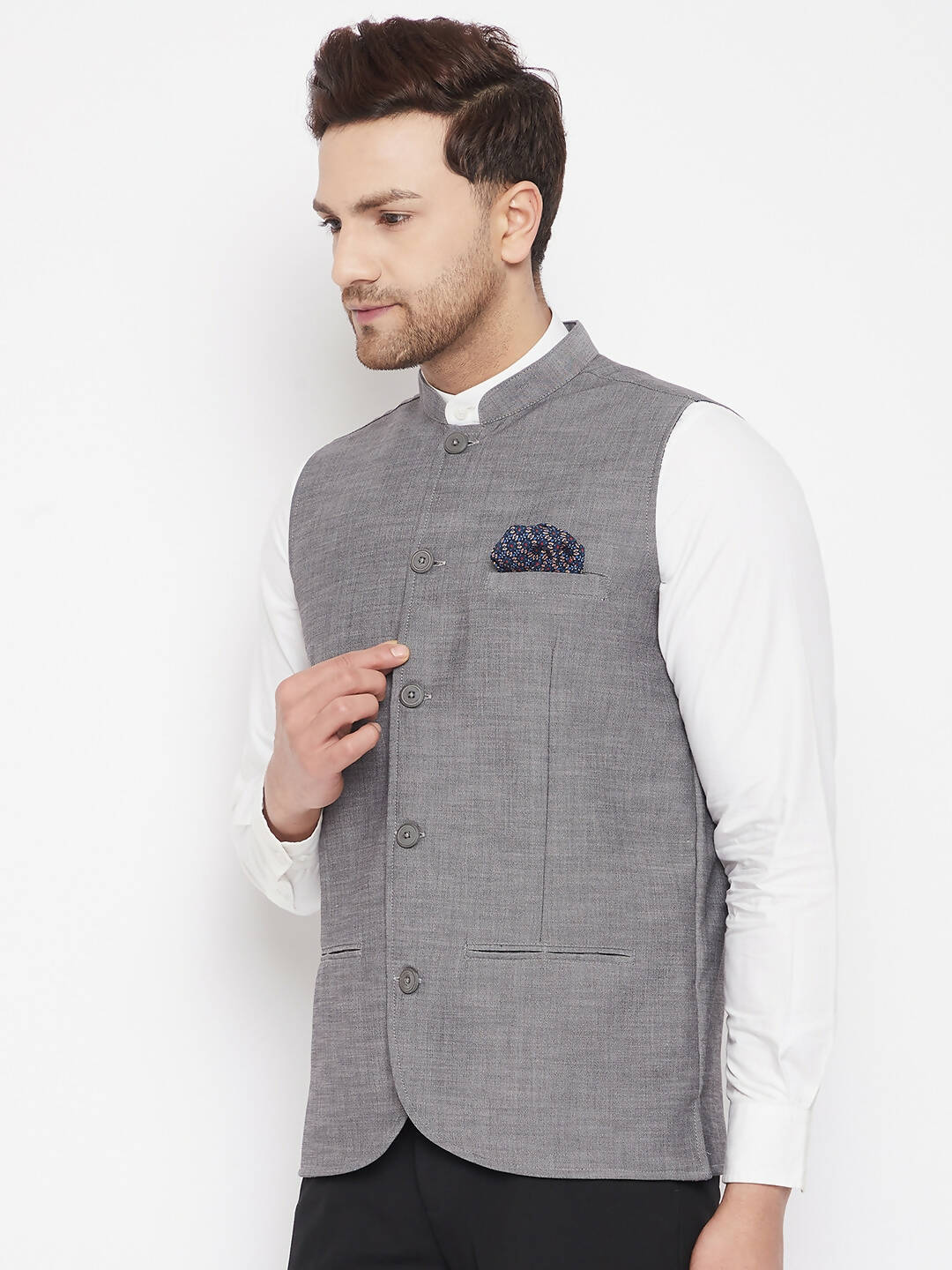 Even Apparels Grey Merino Men's Nehru Jacket-Contrast Lining-Free Pocket Square PW690
