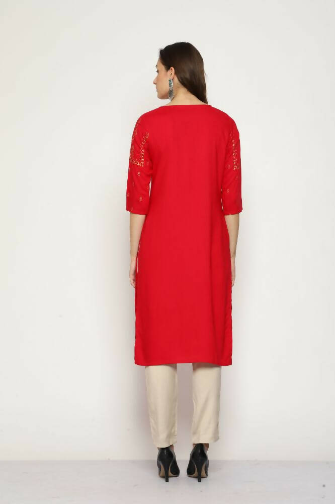 Maai Rayon Hand Printed Kurta Red