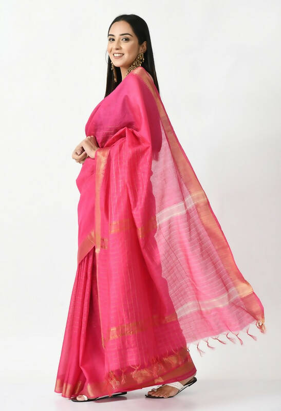 Mominos Fashion Moeza Pink Bhagalpuri Handloom Silk Raj Shree Saree with unstitched Blouse piece