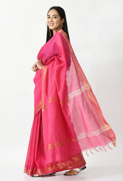 Mominos Fashion Moeza Pink Bhagalpuri Handloom Silk Raj Shree Saree with unstitched Blouse piece