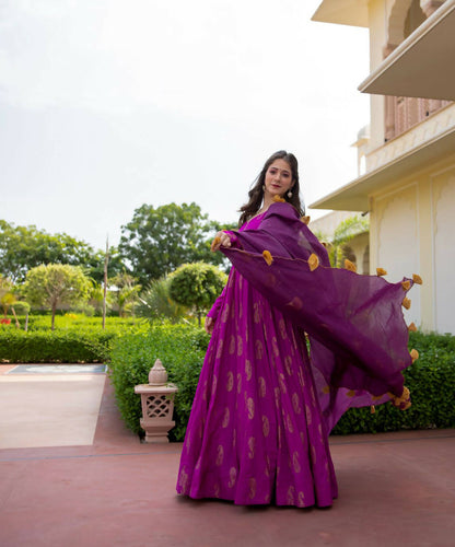 Purple Pure Reyon Gold Foil Work Stitched Suit With Dupatta - Anbazaar