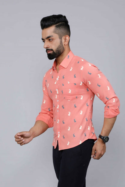 Miravan Men's Peach Spread Collar Animal Print Partywear Shirt