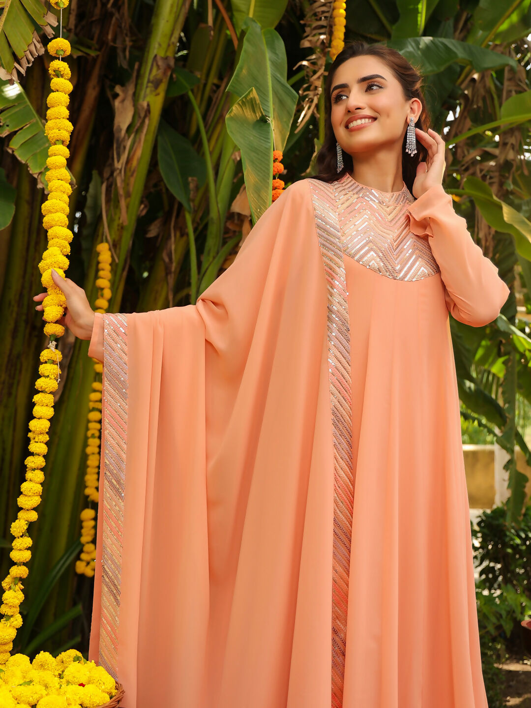 Janasya Peach Georgette Sequined Kurta,Bottom & Dupatta