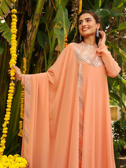 Janasya Peach Georgette Sequined Kurta,Bottom & Dupatta