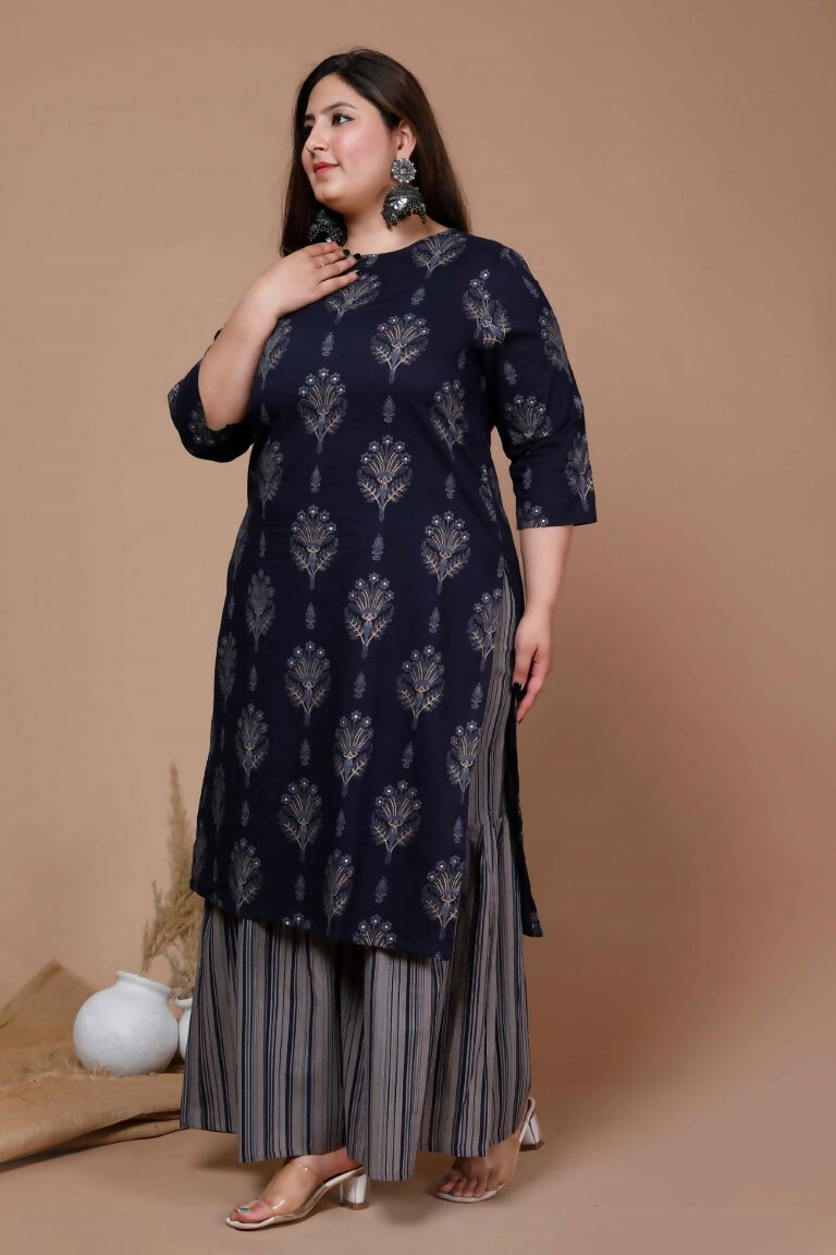 Miravan Women's Plus Size Navy Blue Printed Pure Cotton Kurta With Sharara