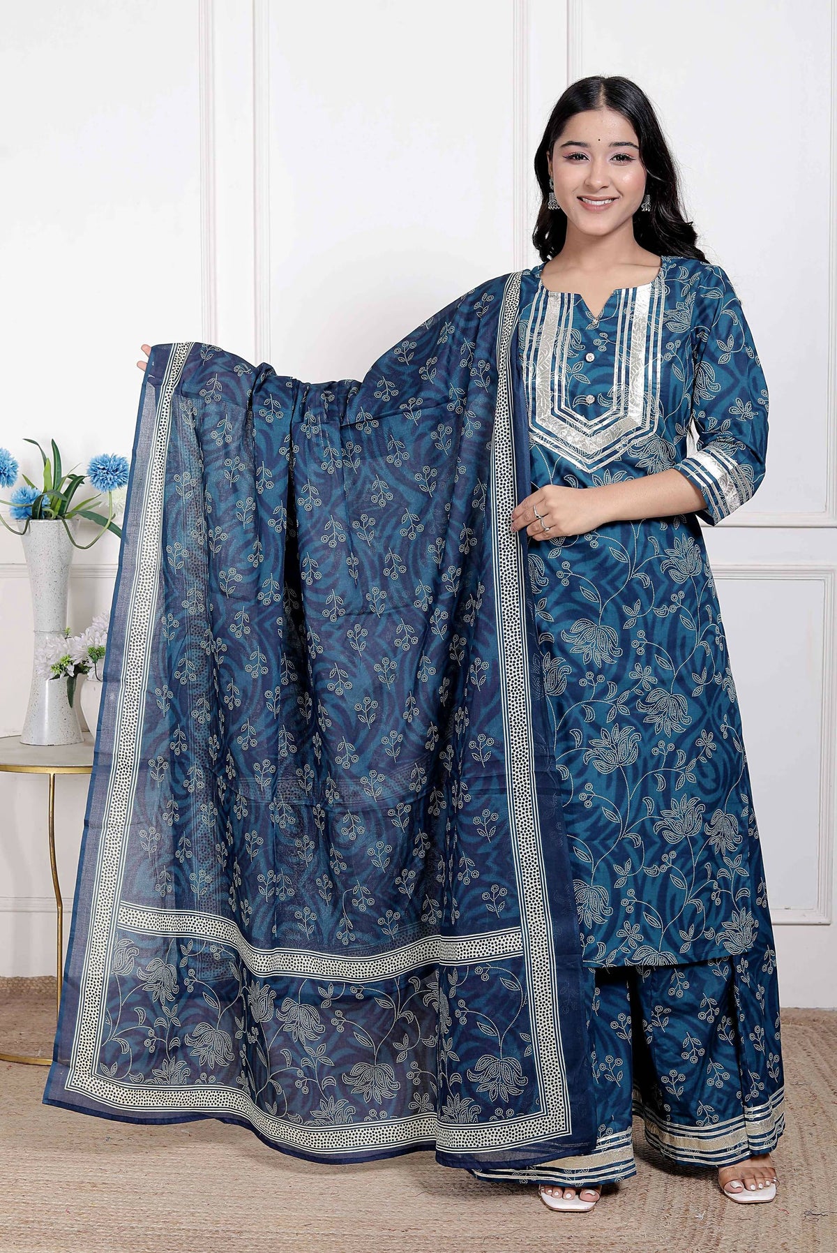 Miravan Women's Gota Patti Cotton Kurta Paired with Palazzo and Dupatta