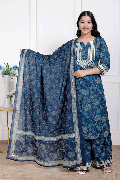 Miravan Women's Gota Patti Cotton Kurta Paired with Palazzo and Dupatta