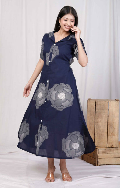 Miravan Women's Blue Floral Printed Front Buttoned A-Line Maxi Dress