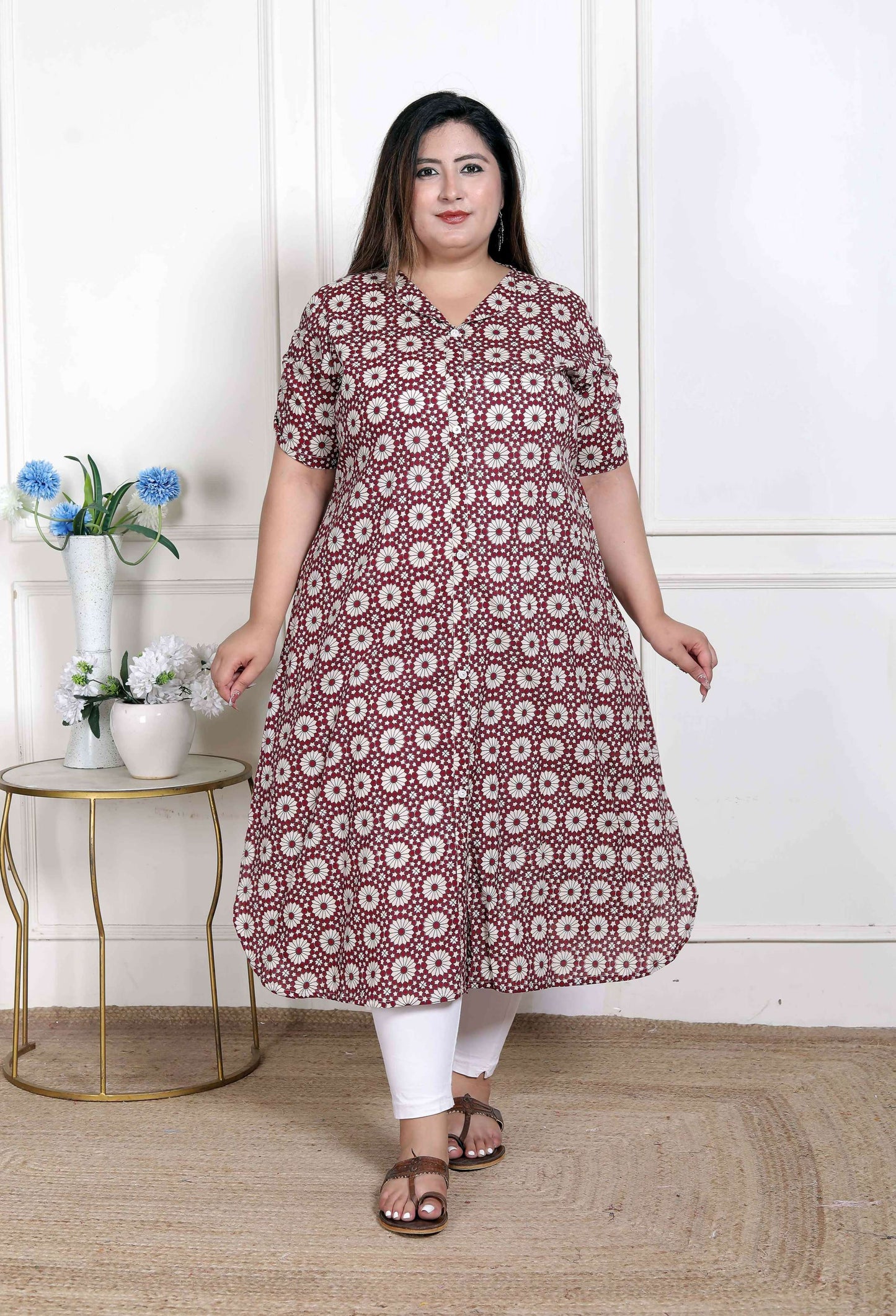 Miravan Women's Plus Size Cotton Floral Printed Cream A-Line Kurta with Buttons